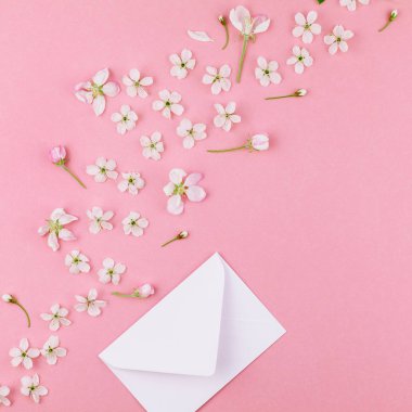 Kare düz kavramı üstten görünüm boş mektup zarfının lay ve en az tarzı, kutlama, Sevgililer kartları için şablon alan bahar kiraz ağacı çiçekleri ile bin yıllık pembe arka plan üzerinde kopyalama