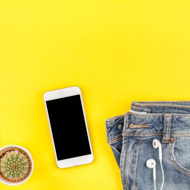 Kot düz yatıyordu, kaktüs ve smartphone kulaklıktan kalın kağıt arka plan kopya alanı ile sarı. Kadın rahat kıyafet havai görünümü. Kare hipster bak üstten görünüm