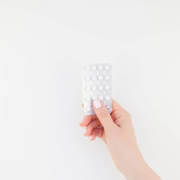 Woman Hand Pastel Manicure Polish Holding Pills Blister Isolated White — Stock Photo, Image