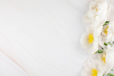 Güzel kopya alanı en az tarzı, kartpostal, yazı, metin veya tasarım şablonu mermer zemin üzerine beyaz şakayık çiçekleri blooming. Düğün davetiyesi ve kutlama tebrik kavramı