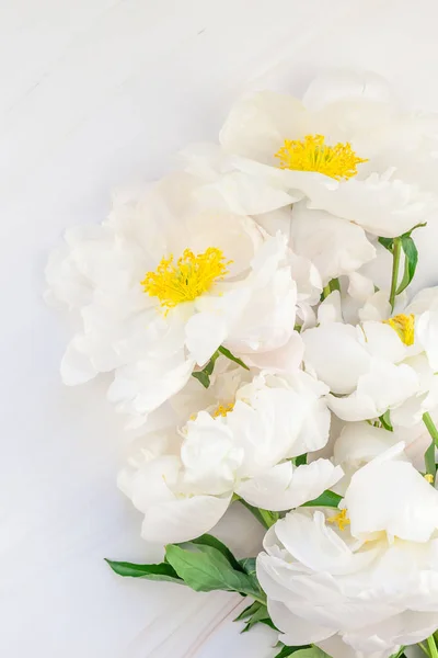 Vackra Blommande Vit Pion Blommor Marmor Bakgrund Med Kopia Utrymme — Stockfoto