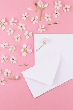 Yaratıcı düz kavramı üstten görünüm boş mektup zarfının lay ve en az tarzı, kutlama, Sevgililer kartları için şablon alan bahar kiraz ağacı çiçekleri ile bin yıllık pembe arka plan üzerinde kopyalama