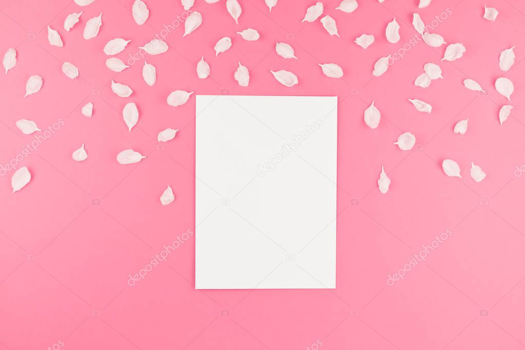 Creative flat lay concept top view of blank postcard mock up and apple tree flowers petals on pastel pink background with copy space in minimal style, template for text