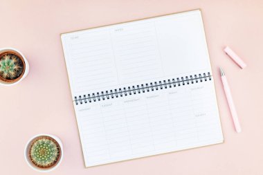 Üstten görünüm düz tasarım ofis malzemeleri ve kaktüsler succulents kopya alanı bin yıllık pembe renkli kağıt arka plan en az stili ile tarz çalışma masası yatıyordu. Kadınsı blog sosyal medya için şablon
