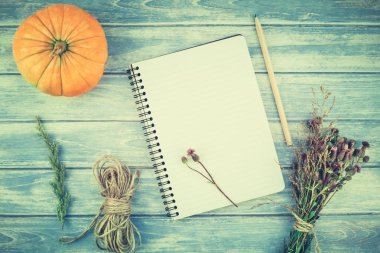 Üstten görünüm sonbahar turuncu kabak ve kuru çiçek çimen şükran günü arka plan üzerinde mavi ile defter sahte ile ahşap masa tonda ve rustik tarzı, metin için şablon alanı Kopyala