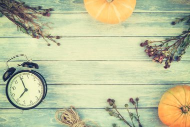 Sonbahar turuncu kabak ve Kuru çiçekler görünümünü ana sayfa ve kopya alanı ile mavi tonda ahşap masa üzerinde kutusu Şükran günü arka planda çim. Sonbaharda hasat ruh metin için şablon