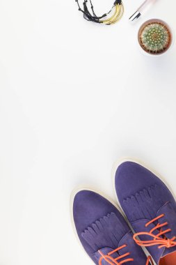 Düz moda süet ayakkabı, kadın aksesuarları ve kaktüs beyaz arka plan üzerinde kopya alanı ile yatıyordu. Kadın rahat kıyafet havai görünümü. Trendy hipster bak üstten görünüm