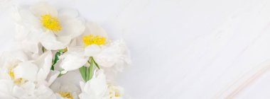 Güzel çiçek beyaz şakayık çiçekleri kopya alanı en az tarzı, şablon tasarımınızın mermer zemin üzerine. Düğün davetiyesi ve kutlama tebrik kavramı. Uzun geniş afiş