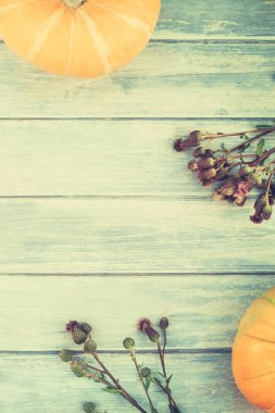Sonbahar turuncu kabak ve Kuru çiçekler görünümünü ana sayfa ve kopya alanı ile mavi tonda ahşap masa üzerinde kutusu Şükran günü arka planda çim. Sonbaharda hasat ruh metin için şablon