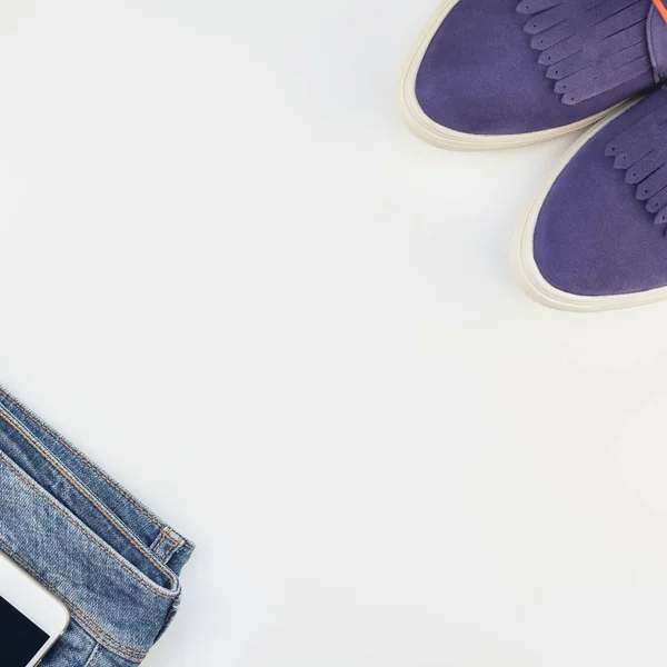 Square Flat Lay Suede Shoes Blue Jeans Smartphoneon White Background — Stock Photo, Image