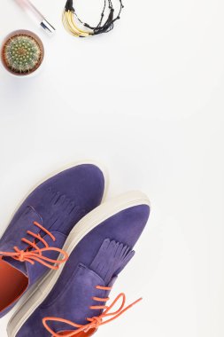 Düz moda süet ayakkabı, kadın aksesuarları ve kaktüs beyaz arka plan üzerinde kopya alanı ile yatıyordu. Kadın rahat kıyafet havai görünümü. Trendy hipster bak üstten görünüm