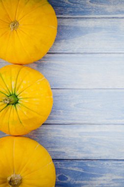 Üstten görünüm sonbahar turuncu kabak Şükran günü arka plan kopya alanı ile mavi tonda ahşap masa üzerinde. Sonbaharda hasat ruh metin için şablon