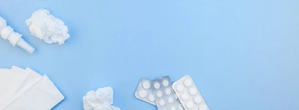Płaskie Świeckich Koncepcja Alergii Sezonowej Wiosna Serwetek Tabletki Krople Butelkę — Zdjęcie stockowe