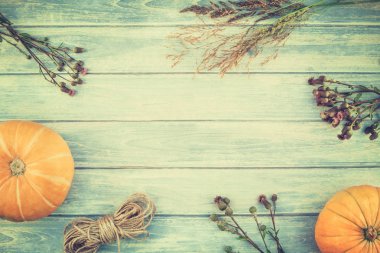 Sonbahar turuncu kabak ve Kuru çiçekler görünümünü ana sayfa ve kopya alanı ile mavi tonda ahşap masa üzerinde kutusu Şükran günü arka planda çim. Sonbaharda hasat ruh metin için şablon