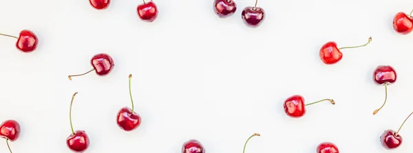 Long Wide Banner Fresh Ripe Cherry Pattern Layout Copy Space — Stock Photo, Image