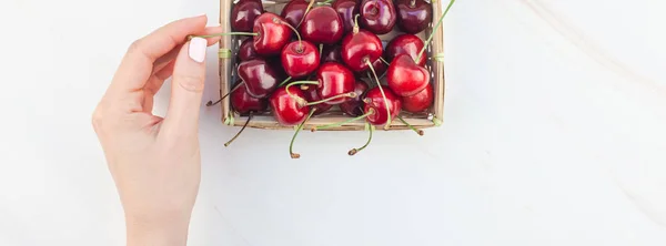 Long Wide Banner Fresh Ripe Cherry Small Wicker Basket Copy — Stock Photo, Image