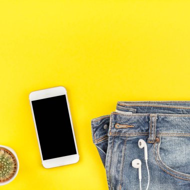 Kot düz yatıyordu, kaktüs ve smartphone kulaklıktan kalın kağıt arka plan kopya alanı ile sarı. Kadın rahat kıyafet havai görünümü. Kare hipster bak üstten görünüm