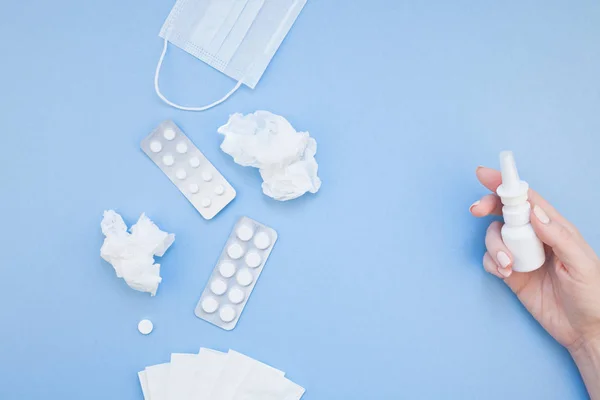 Creative Flat Lay Concept Seasonal Spring Allergy Napkins Pills Face — Stock Photo, Image