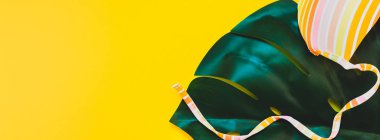 Tropikal orman palmiye monstera yaprakları ve bir kadının mayo üstüne parlak sarı Kağıt arka plan. Yaz metin için yaratıcı düz yatıyordu kavramı şablon tatiller. Uzun geniş afiş