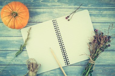 Üstten görünüm sonbahar turuncu kabak ve kuru çiçek çimen şükran günü arka plan üzerinde mavi ile defter sahte ile ahşap masa tonda ve rustik tarzı, metin için şablon alanı Kopyala