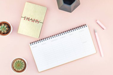 Üstten görünüm düz tasarım ofis malzemeleri ve kaktüsler succulents kopya alanı bin yıllık pembe renkli kağıt arka plan en az stili ile tarz çalışma masası yatıyordu. Kadınsı blog sosyal medya için şablon