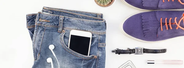 Långa Breda Banner Platt Låg Mockaskor Blå Jeans Armband Cactus — Stockfoto