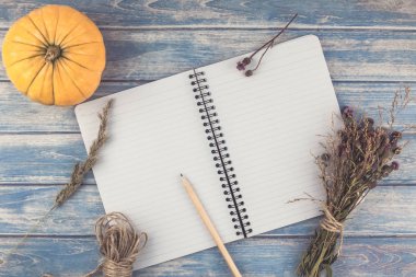 Üstten görünüm sonbahar turuncu kabak ve kuru çiçek çimen şükran günü arka plan üzerinde mavi ile defter sahte ile ahşap masa tonda ve rustik tarzı, metin için şablon alanı Kopyala