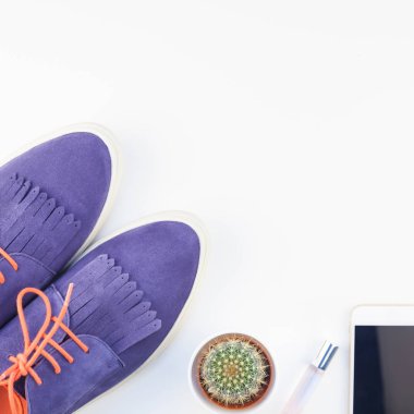 Kare düz süet ayakkabı, kot, bilezik kaktüs ve akıllı telefon kulaklık kopya alanı beyaz zemin üzerine yatırın. Kadın rahat kıyafet havai görünümü. Trendy hipster bak üstten görünüm