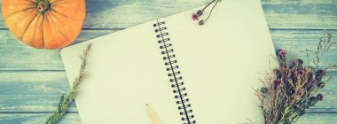 Uzun geniş afiş yukarıdan Sonbahar Turuncu kabak ve çim üzerinde mavi arka plan ile Kuru çiçek defter sahte ile ahşap masa tonda ve rustik tarzda alanı Kopyala