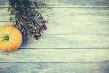 Sonbahar turuncu kabak görünümünü üst ve Kuru çiçekler ve çimen şükran günü arka plan kopya alanı ile mavi tonda ahşap masa üzerinde. Sonbaharda hasat ruh metin için şablon