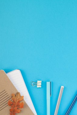 Yaratıcı düz üst görünümüne geri okul kavramı yatıyordu renk okul ve ofis malzemeleri kopya alanı ile parlak turkuaz kağıt tablo çerçeve arka plan, metin veya tasarım şablonu