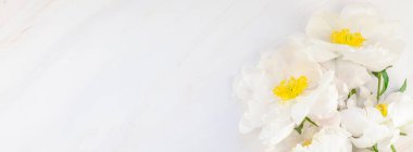 Güzel çiçek beyaz şakayık çiçekleri kopya alanı en az tarzı, şablon tasarımınızın mermer zemin üzerine. Düğün davetiyesi ve kutlama tebrik kavramı. Uzun geniş afiş