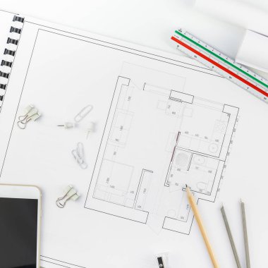 Yaratıcı düz yatıyordu ek yükü üstten görünüm planları mimari düz proje planı ve ofis malzemeleri dekoratör kare tablo çalışma alanındaki renk örnekleri araçları ve ekipmanları arka plan kopya alanı kavramı ile