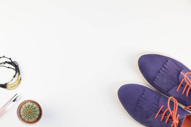 Düz moda süet ayakkabı, kadın aksesuarları ve kaktüs beyaz arka plan üzerinde kopya alanı ile yatıyordu. Kadın rahat kıyafet havai görünümü. Trendy hipster bak üstten görünüm