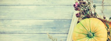 Sonbahar turuncu kabak ve Kuru çiçekler görünümünü ana sayfa ve kopya alanı ile mavi tonda ahşap masa üzerinde kutusu Şükran günü arka planda çim. Sonbaharda hasat ruh metin şablonu. Uzun geniş afiş