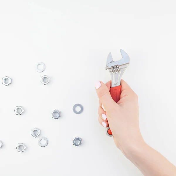 Imagem Quadrada Criativa Mão Mulher Com Manicure Pastel Polonês Segurando — Fotografia de Stock