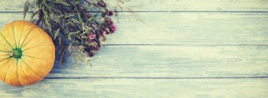 Sonbahar turuncu kabak görünüm uzun geniş afiş üst ve Kuru çiçekler ve çimen şükran günü arka plan kopya alanı ile mavi tonda ahşap masa üzerinde. Sonbaharda hasat ruh metin için şablon
