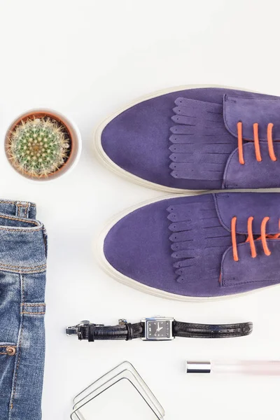 Plat Leggen Van Suède Schoenen Blue Jeans Armbanden Cactus Smartphone — Stockfoto