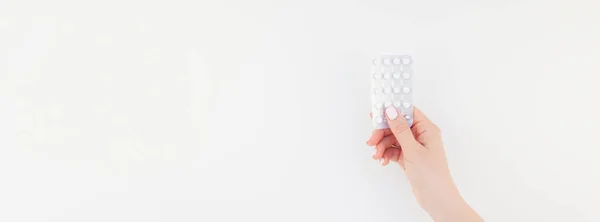 Woman Hand Pastel Manicure Polish Holding Pills Blister Isolated White — Stock Photo, Image