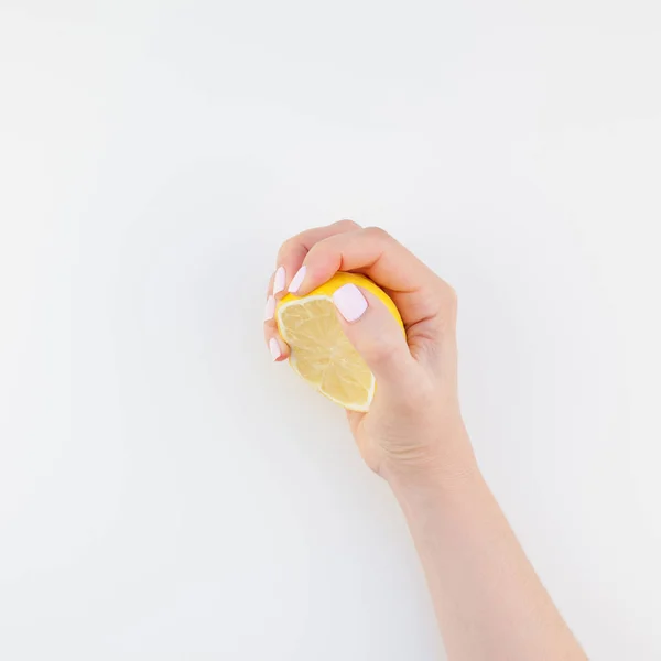 Woman Hand Pastel Manicure Polish Holding Half Lemon Isolated White — Stock Photo, Image