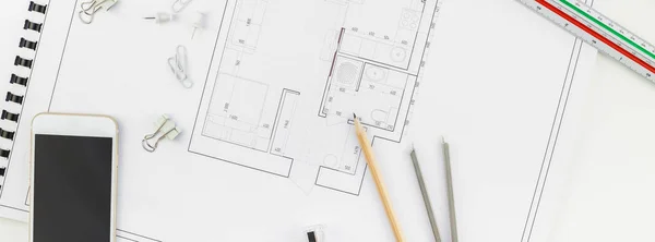 Creative Flat Lay Long Wide Banner Top View Blueprints Arquitectónico — Foto de Stock