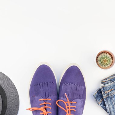 Kare düz süet ayakkabı, kot, gri şapka, kaktüs ve akıllı telefon kulaklık kopya alanı beyaz zemin üzerine yatırın. Kadın rahat kıyafet havai görünümü. Trendy hipster bak üstten görünüm