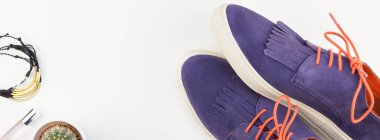 Uzun geniş afiş düz moda süet ayakkabı, kadın aksesuarları ve kaktüs beyaz arka plan üzerinde kopya alanı ile yatıyordu. Kadın rahat kıyafet havai görünümü. Trendy hipster bak üstten görünüm