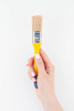 Yaratıcı görüntü yeni boya fırçası ile minimalizm tarzı beyaz arka plan üzerinde izole kopya yer tutan kadın el. Kadınsı blog, sosyal medya için şablon. Onarım veya iyileştirme kavramı