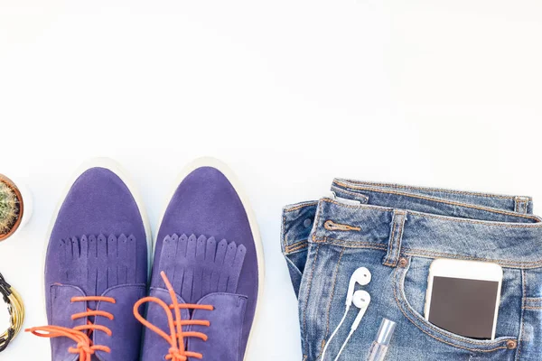 Flat Lay Suede Shoes Blue Jeans Bracelets Cactus Smartphone Headphones — Stock Photo, Image