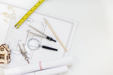 Yaratıcı düz yatıyordu ek yükü üstten görünüm planları mimari düz proje planı ve ofis malzemeleri dekoratör beyaz tablo çalışma alanındaki renk örnekleri araçları ve ekipmanları arka plan kopya alanı kavramı ile