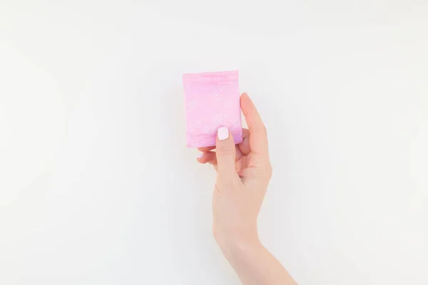 Woman Hand Pastel Manicure Polish Holding Pink Daily Sanitary Napkin — Stock Photo, Image