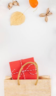Yaratıcı üstten görünüm kompozisyon alışveriş çantası kurutulmuş portakal çiçekleri düz yatıyordu sonbahar yaprakları kabaklar arka plan kopya alanı şablonu Satılık mockup sonbaharda hasat Şükran günü Cadılar Bayramı promosyon el ilanları metin