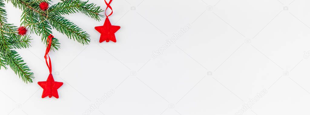 New Year Christmas Xmas 2019 holiday celebration green fir tree branch copy space isolated white background minimal style. Template greeting card. Long wide banner