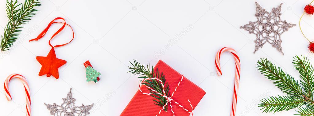 New Year Christmas Xmas 2019 holiday celebration pattern red present gift box green fir tree branch DIY snowflakes decoration copy space isolated white background minimal style. Long wide banner